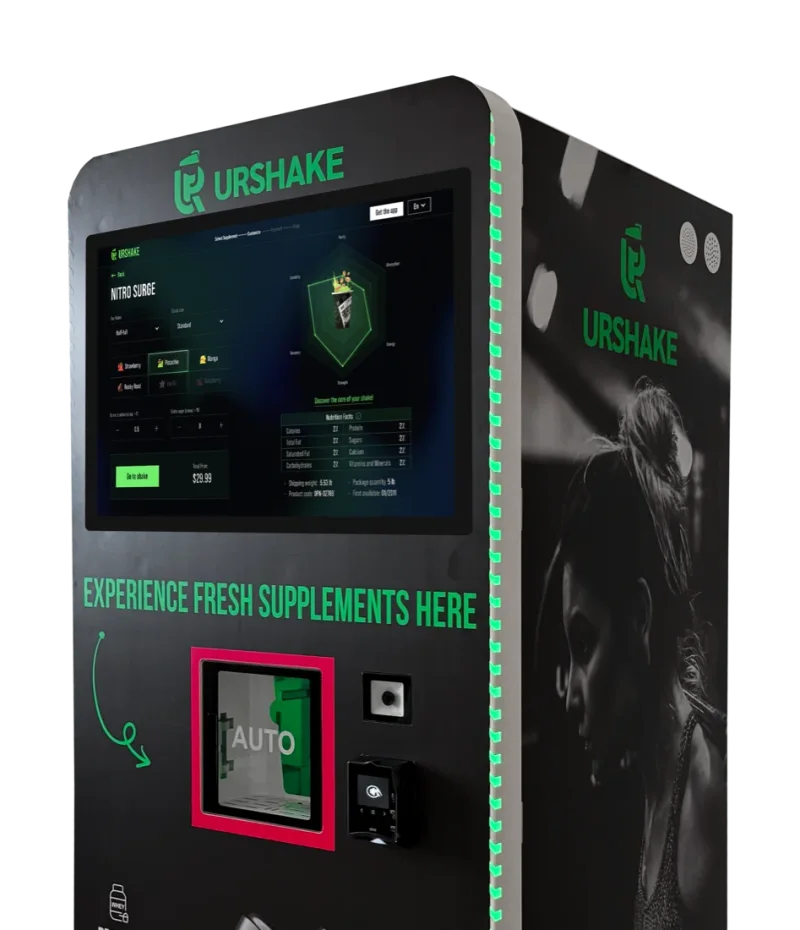 A URShake protein vending kiosk, its touchscreen showing a shake being customized before ordering