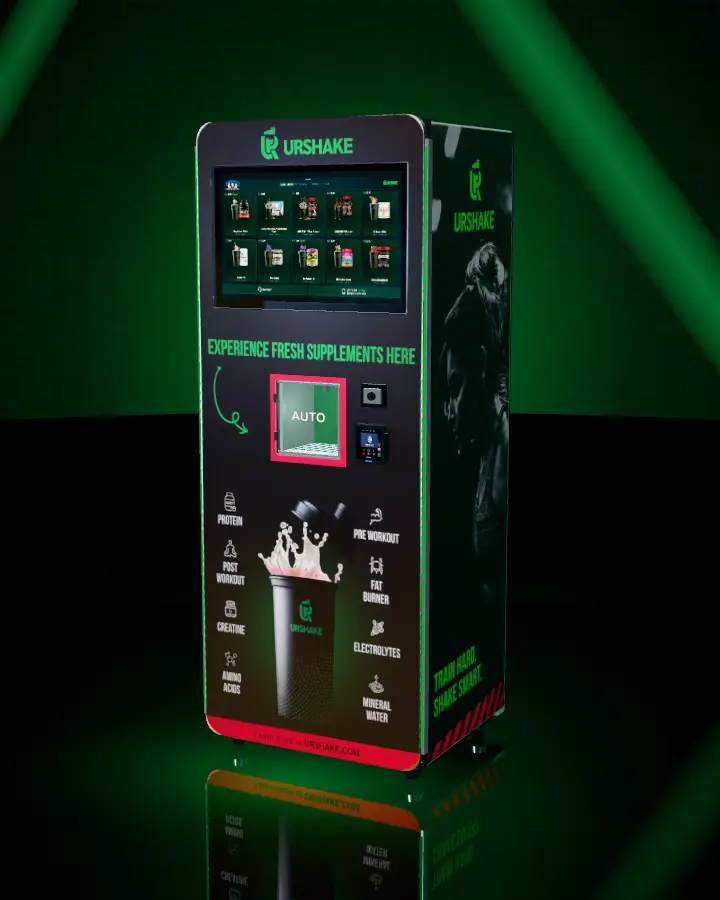 The URShake smart kiosk: touchscreen, dispensing bay and contactless reader, edged in green light